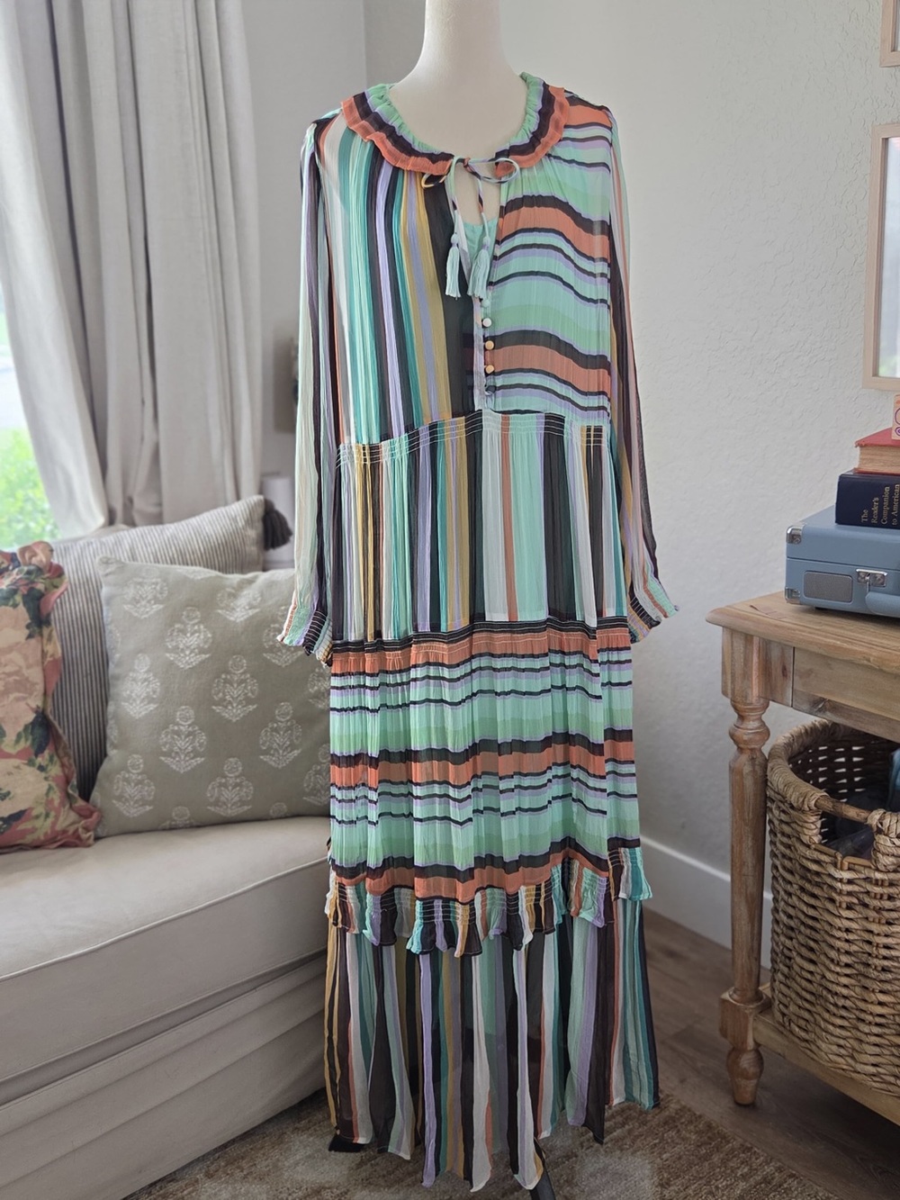 Striped Ruffle-Hem Maxi Skirt Dress in Mint & Coral